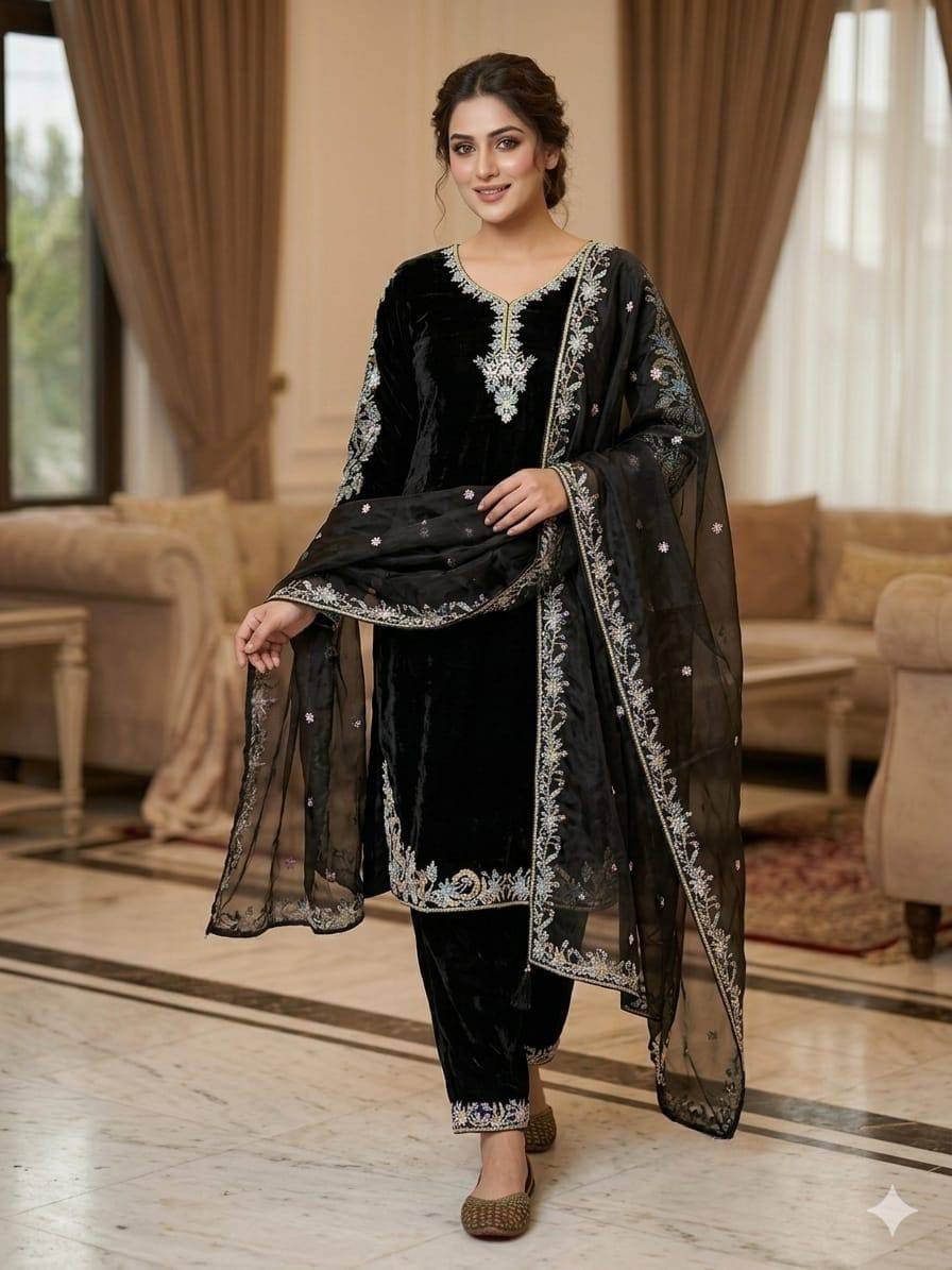 Deep Obsidian Floral-Embroidered Couture